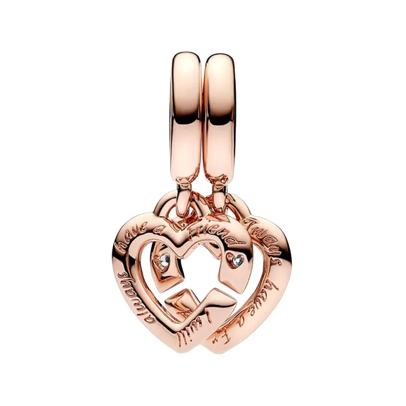 Rose Gold Linked Sister Hearts Split Pendants Charms For Women Bezel Setting Clear Zircon Stones Original Jewelry DIY Bracelets