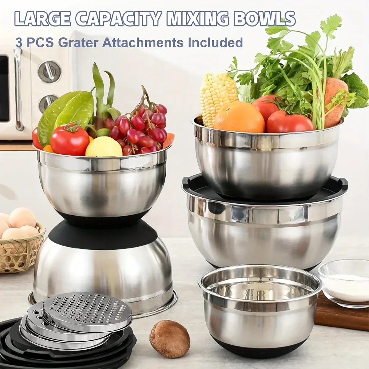 8pcs Stainless Steel Mixing Bowls Set with Airtight Lids Black Kitchen Bowls Non-Slip Bottoms for Baking And Serving