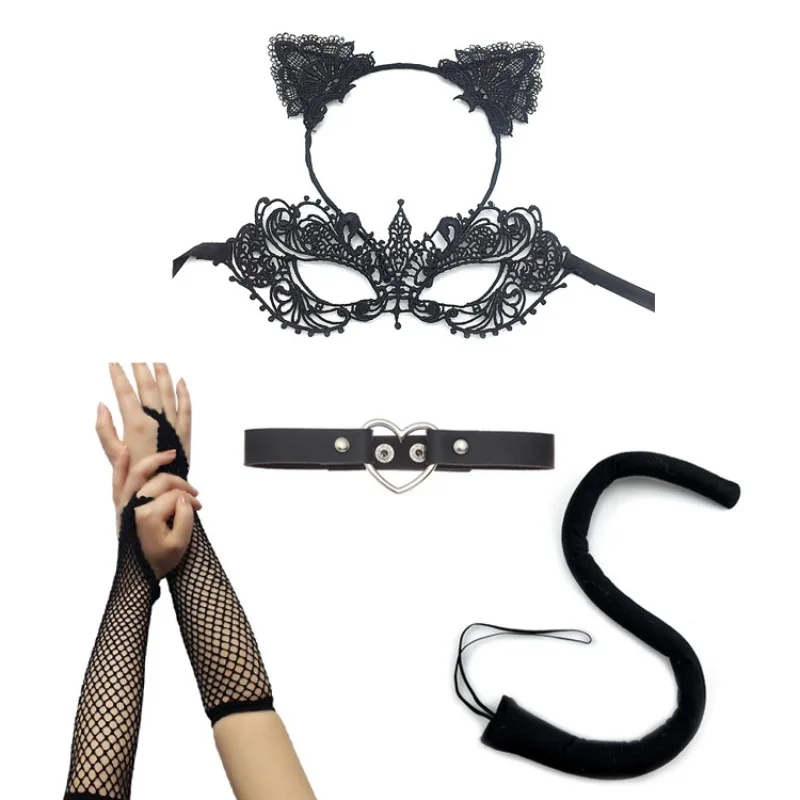 

Halloween Cat Costume Set for Women - Sexy Princess Lace Mask Ears Headband & Eye Mask Black Fabric Party Accessories