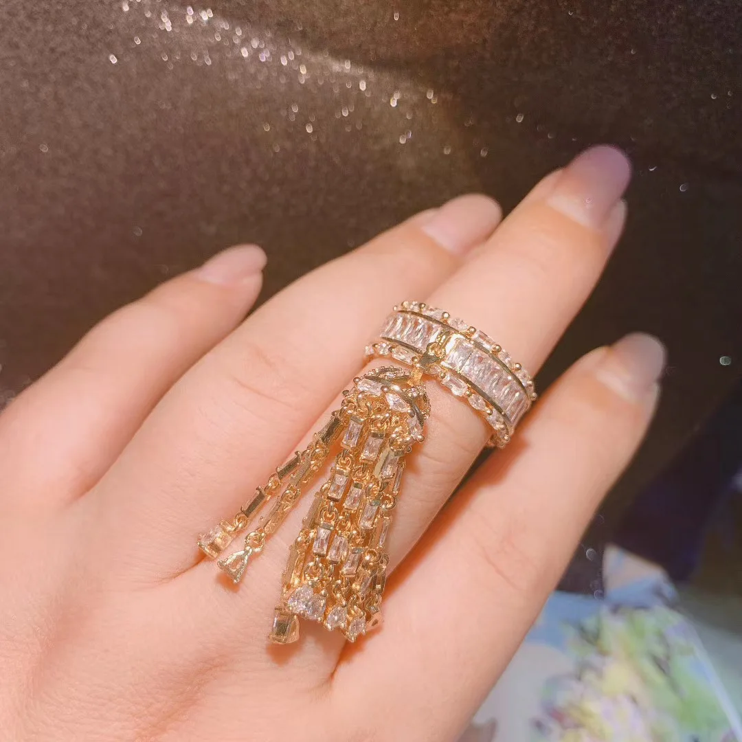 HIBRIDE Luxury Long Tassel Drop Full Mirco Paved Cubic Zirconia Statement Rings for Women Bridal Wedding Accessories bijou R-303