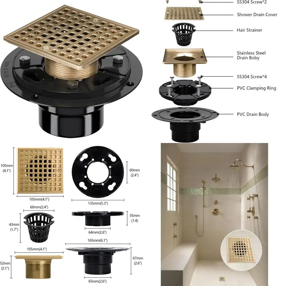 

Low Profile 304 Stainless Steel Square Shower Drain, 4-1/4 Champagne Bronze, ABS Flange, Hair Catcher for 2 or 3 Pipes