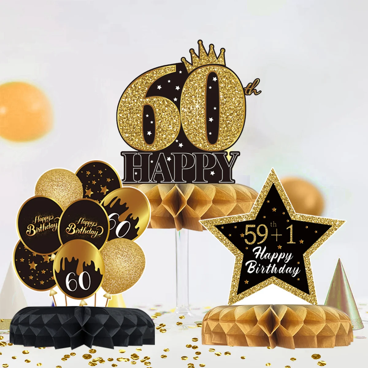 

60th Birthday Party Decorations Black Gold Paper Honeycomb Birthday Ornaments 60th Anniversary Festival Decorations