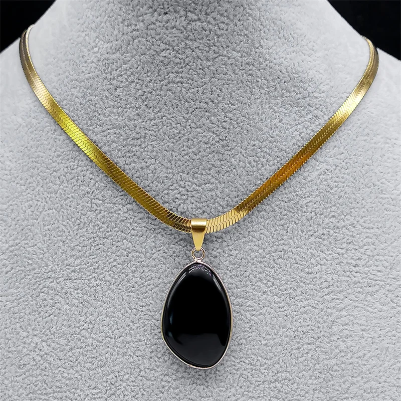Irregular Natural Black Obsidian Lucky Pendant Necklace Stainless Steel Clavicle Snake Chain Necklace Reiki Healing Jewelry Gift