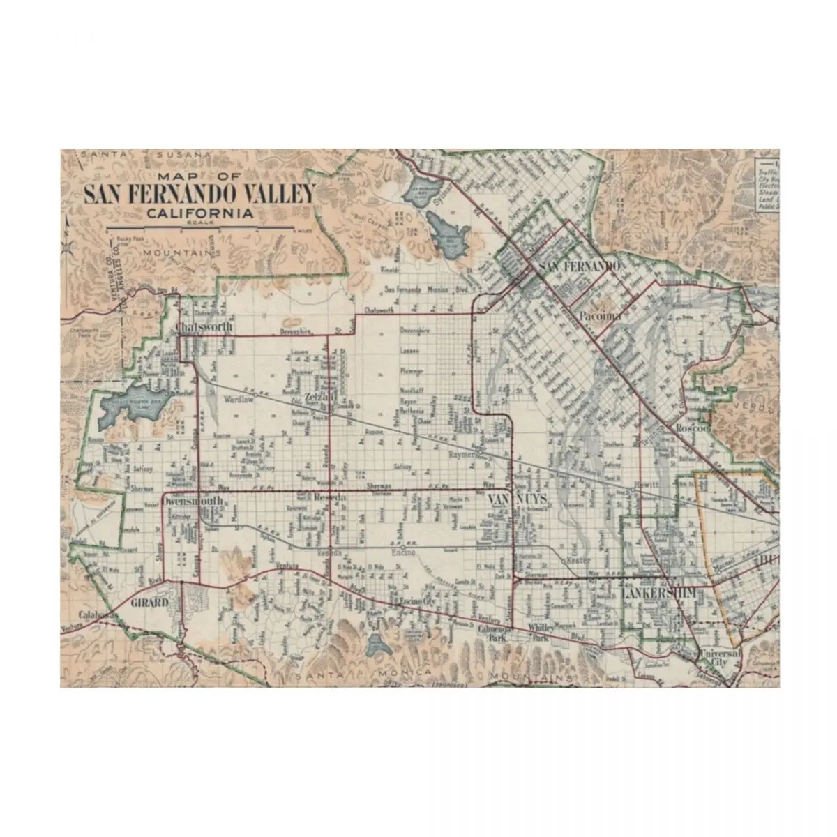 

Vintage Map of San Fernando Valley CA (1923) Throw Blanket blankets and throws Bed halloween Thins Blankets