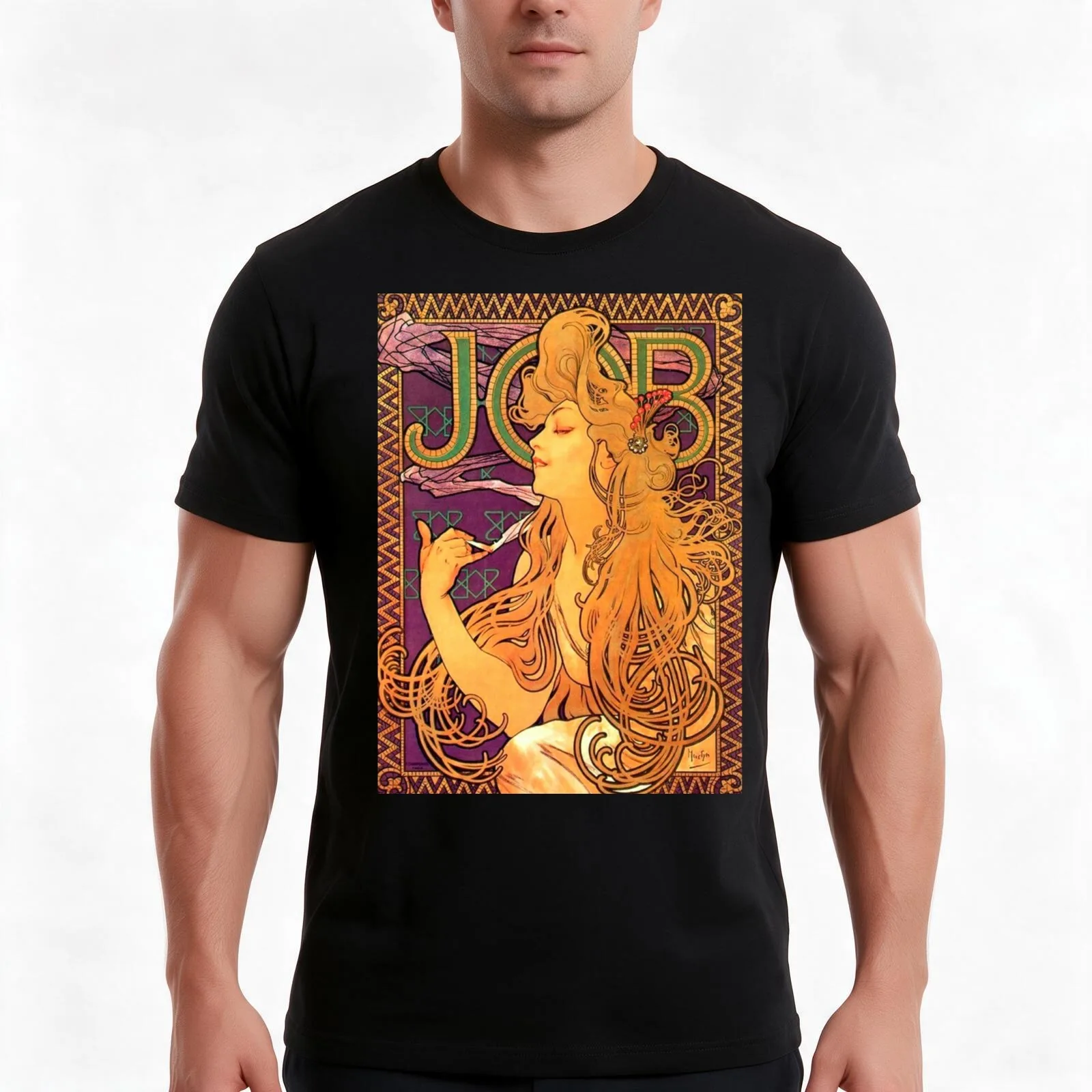 Alphonse Mucha Job 1898 - Vintage Job Cigarette Papers Poster Reproduction T-Shirt, Summer Casual Cotton Tee, Unisex Men Women