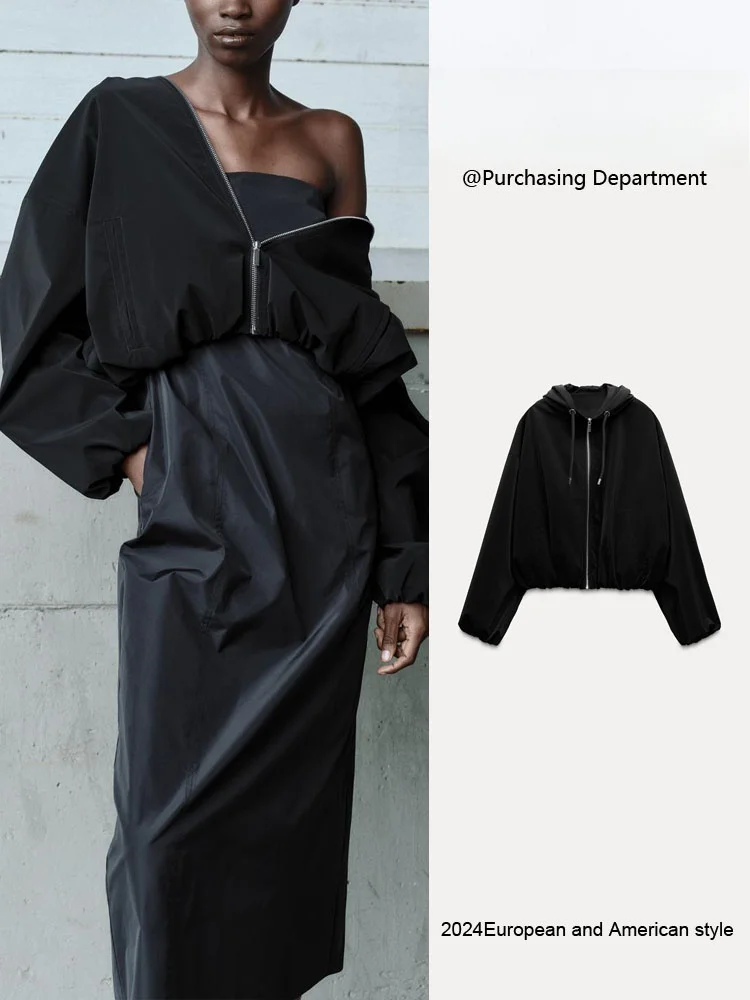 

Faionable Hooded Long Sve Bla Casual Jaet Outerwear New Arrival Women's Autumn ZA2024 Commute Sle Loose Fit Zipper