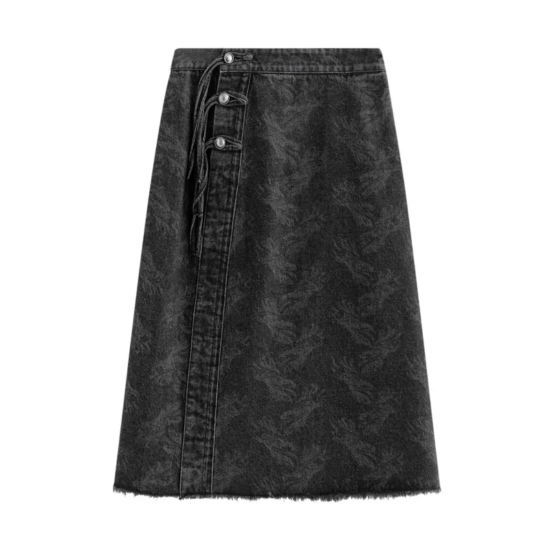 INMAN Women Skirt 2023 Autumn High Waist A-shaped Tassel Button Design Split Hem Jacquard Chinese Style Retro Versatile Skirt