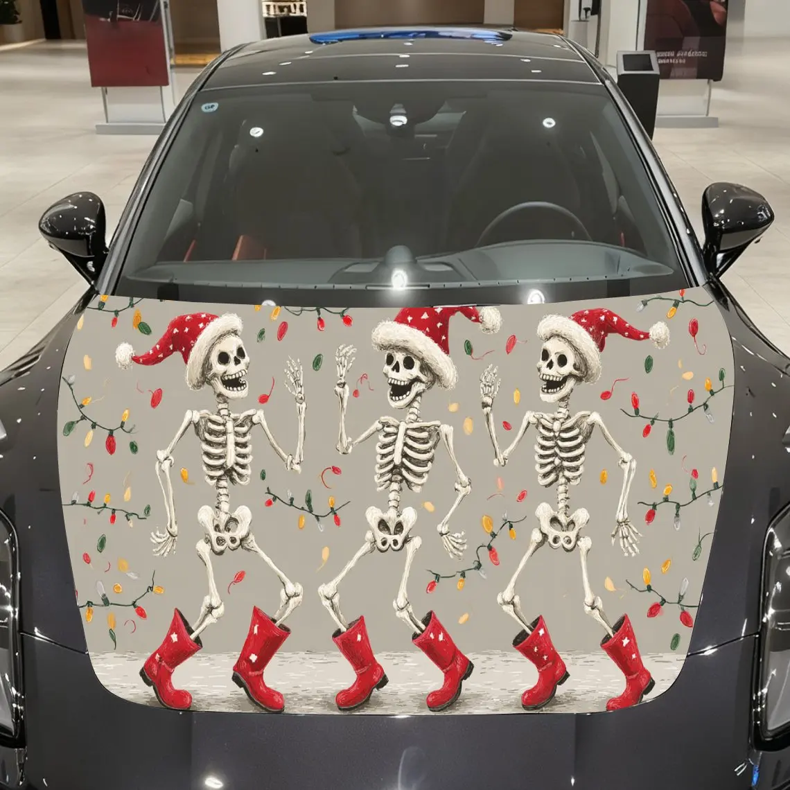 Christmas Skeleton Car Hood Cover, Santa Hat Skeletons with String Lights Car Exterior Decal, Waterproof and Self-adhesive Car H