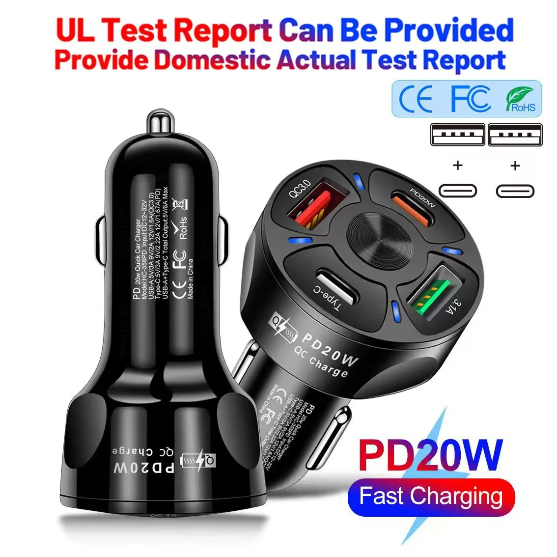 

Car Charger Socket PD3.0 & QC3.0 4 USB C Ports with Data Cord Cable 38W Fast Charging 12V/32V For Moto Adapter Quick Car Charger