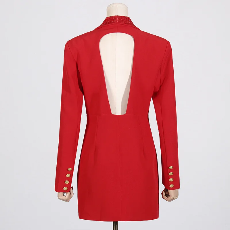 เสื้อเบลเซอร์ผู้หญิงสไตล์หรูหราสำหรับฤดูใบไม้ร่วง คอวีลึก ตกแต่งด้วยลูกปัดหนัก ดีไซน์ตัดต่อเปิดหลัง ทันสมัย