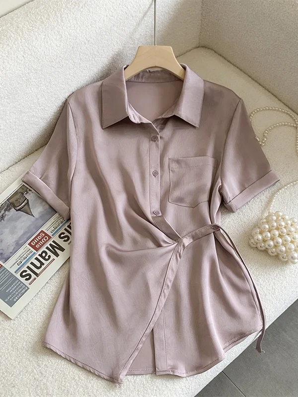 

Summer 2026 Women's Fashion Tie Waist Short Sleeve Shirt Flattering plus Size Belly Covering Slimming Versatile Top Korean Style