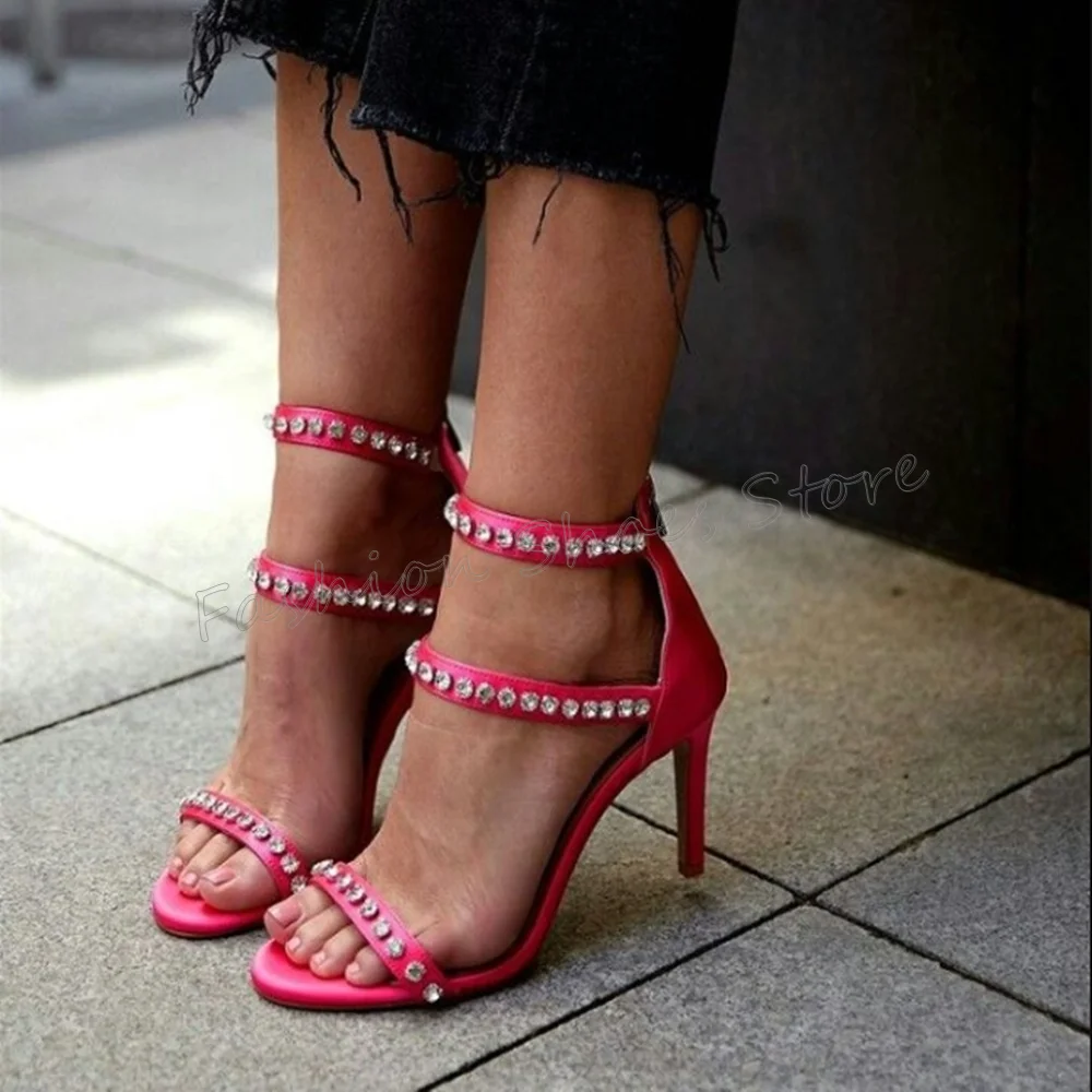 

Red Open Toe Crystal Sandals Back Zipper Stilettos High Heels High Heel Shoes for Women Sexy Heels 2025 New Zapatos Para Mujere