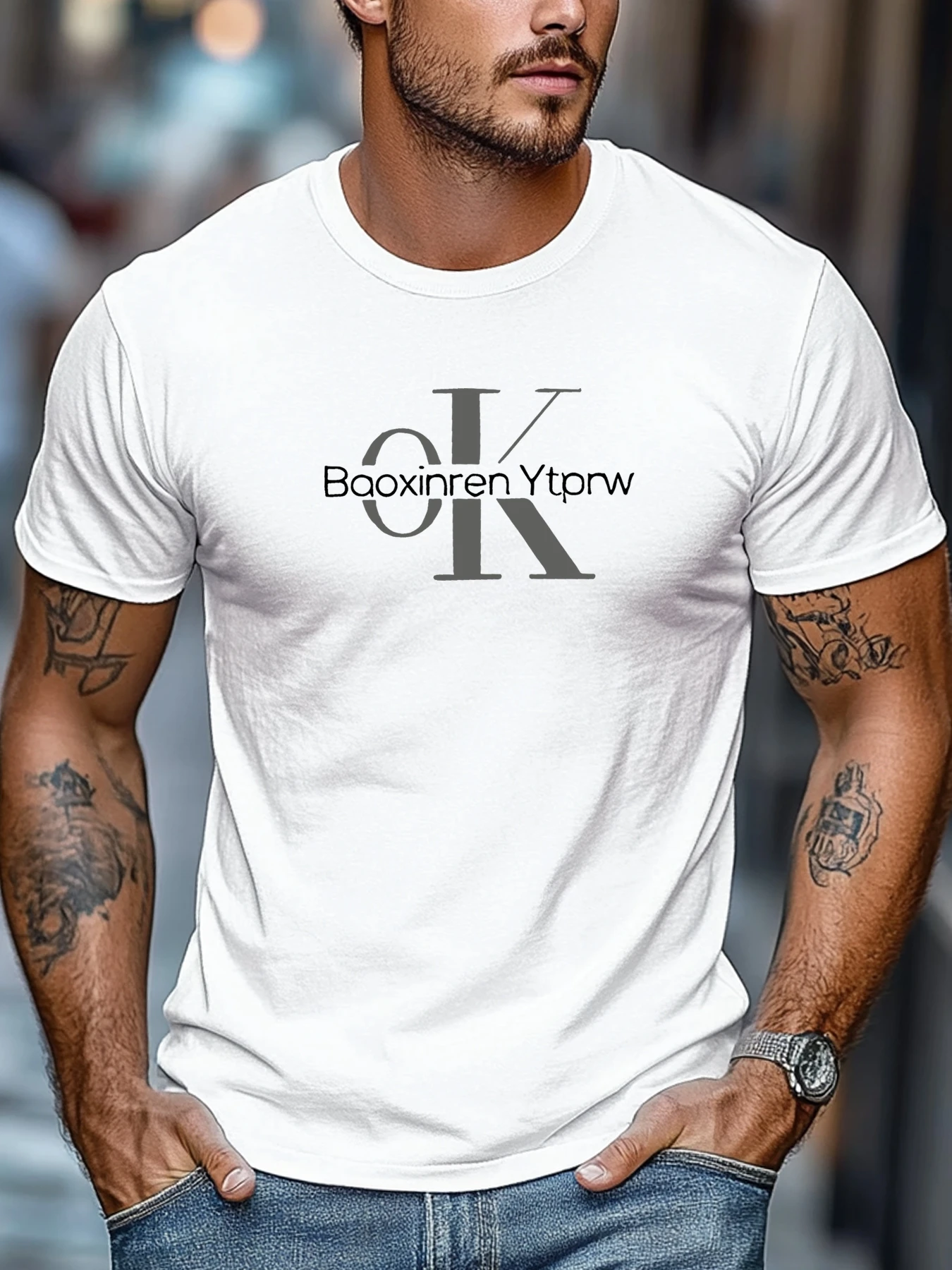 Plus-Size Men's T-Shirt, Relaxed and Casual, with a Relaxed and Casual Vibe, Men's Ok Pattern and Text Combination, Summer Casual Round-Neck Short T-Shirt