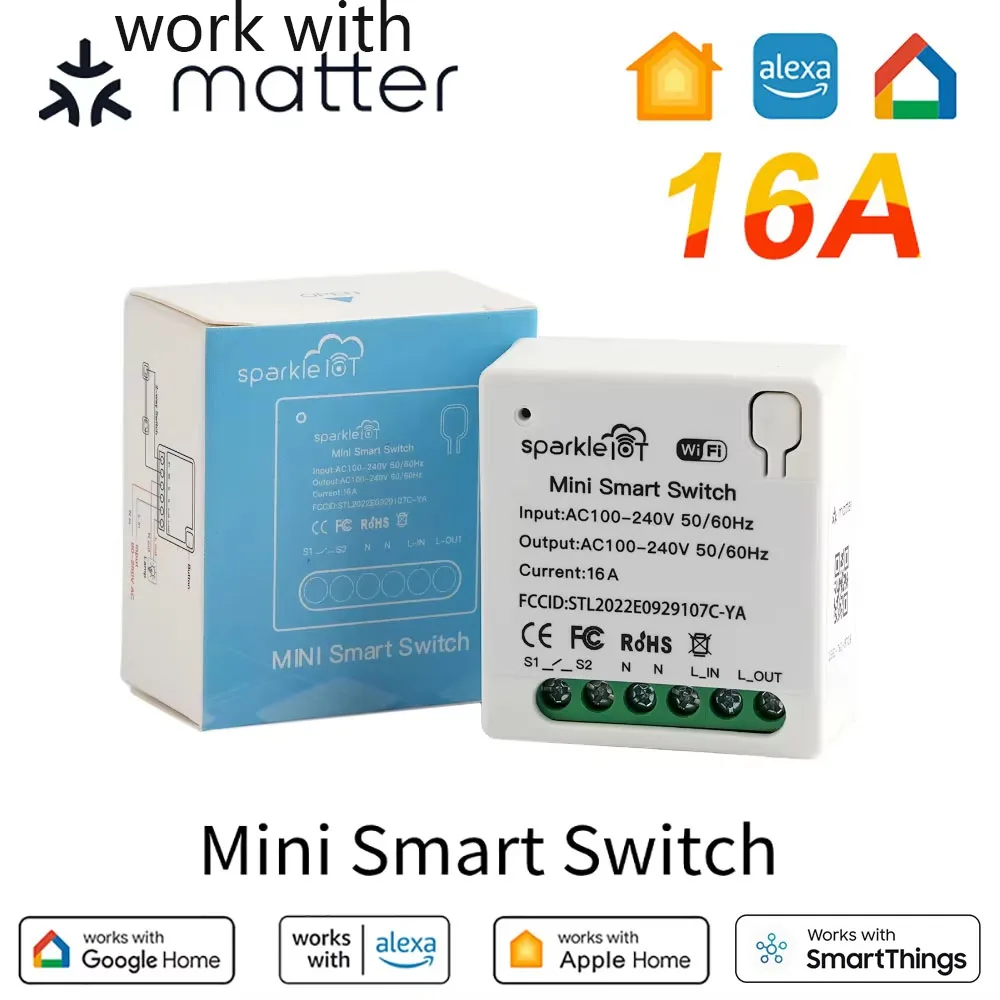 Work with Matter 16A WiFi mini Smart Switch Pass-through Disconnect Dual Control Outletorks Remote Control Timer HomeKit Alexa