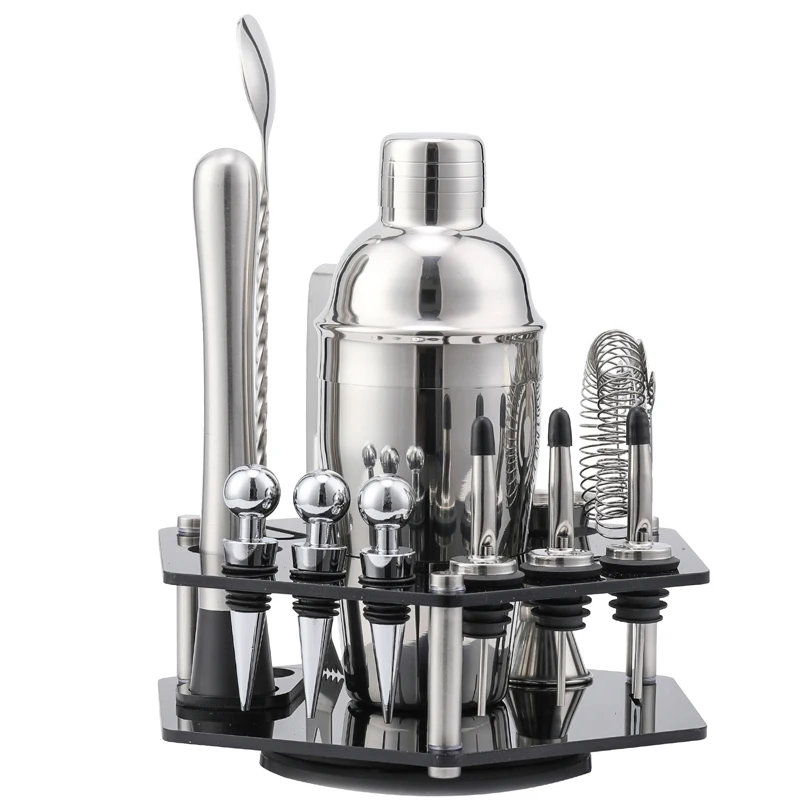 Creatieve Cocktail Shaker Rvs Drietraps Sneeuwpot Gemalen Ijslolly Roeren Lepel Roterende Opslag Rack Set