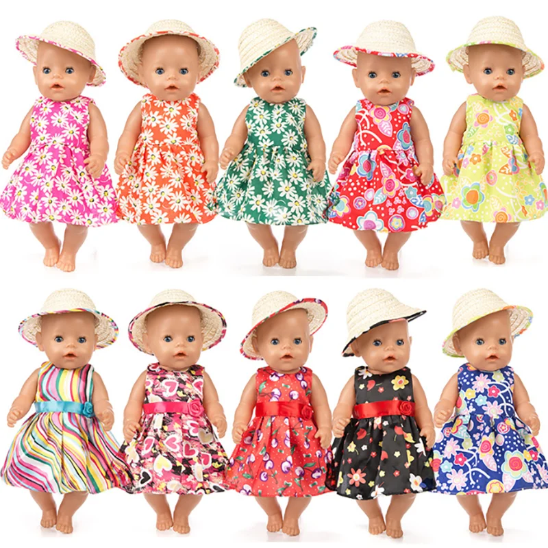 16-18Inch/40-45cm Doll Hat Dress Set Born Baby Clothes Rebirth Doll American Girl Floral Dress Sun Hat Doll Accessory Girl Gift