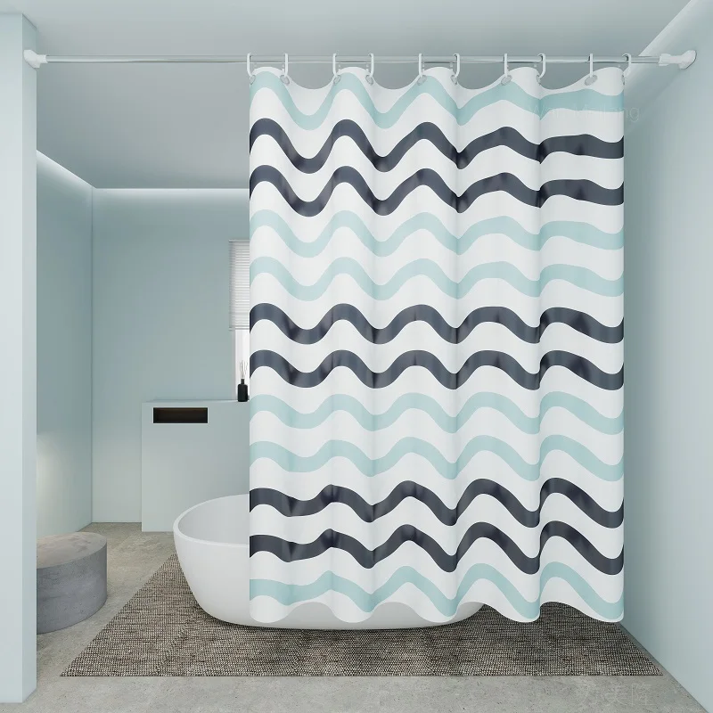 

Wave Pattern Shower Curtain Blue and Gray Stripes Bathroom Decor Waterproof Fabric Curtains for Modern Coastal Bathrooms