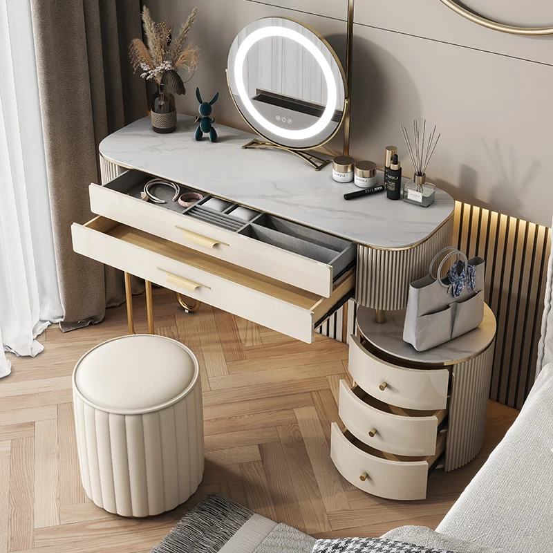 Nordic Vanity Wooden Dresser Makeup Led Lights Storage Mirrors Dressing Table Luxury Modern Tocador Maquillaje Bedroom Furniture