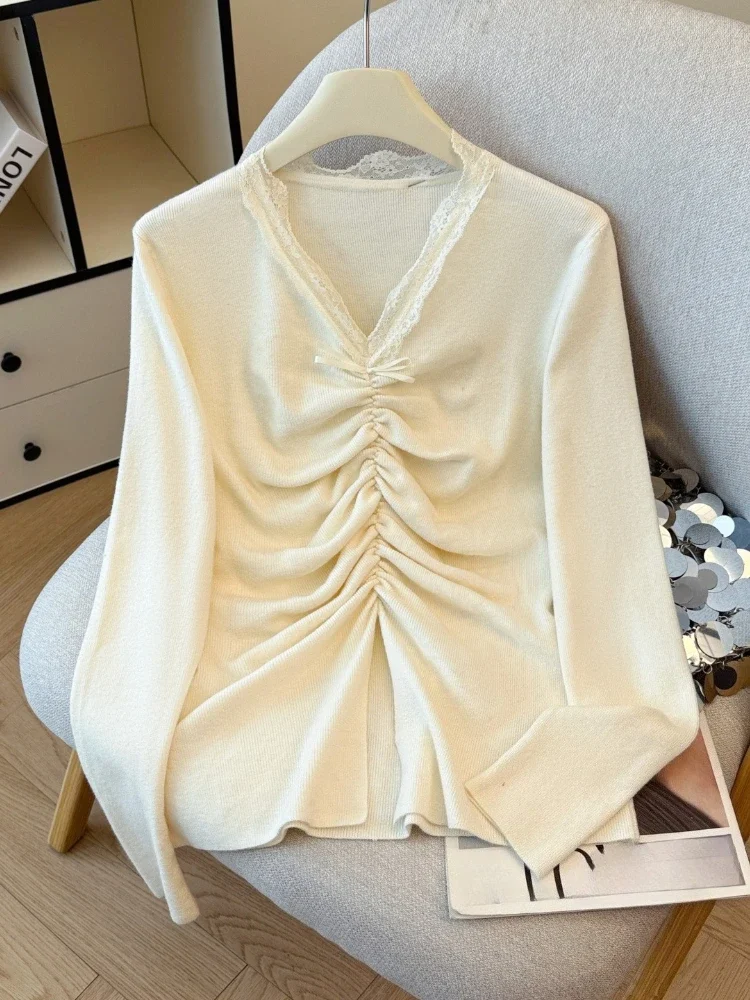 Einfachheit Elegante Trend Spitze Patchwork Pullover Herbst Winter Neue Mode Frauen Pullover Solide V-ausschnitt Langarm Mode Jumper