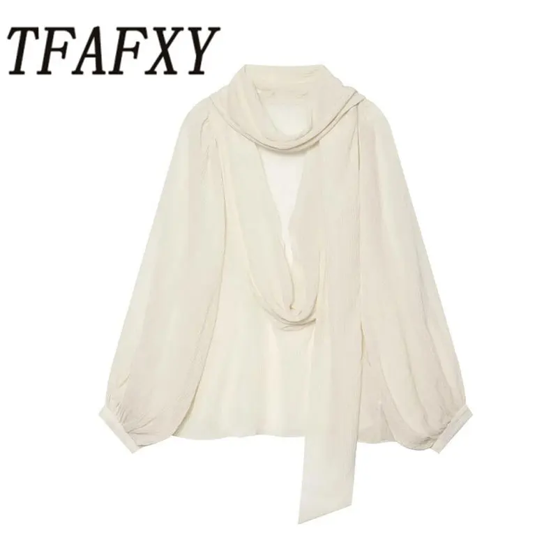 TFAFXY 2026 Autumn New Women Crinkled Lantern Sleeve Blouse Tie Bow Neck Ruffle Cropped Casual Shirt