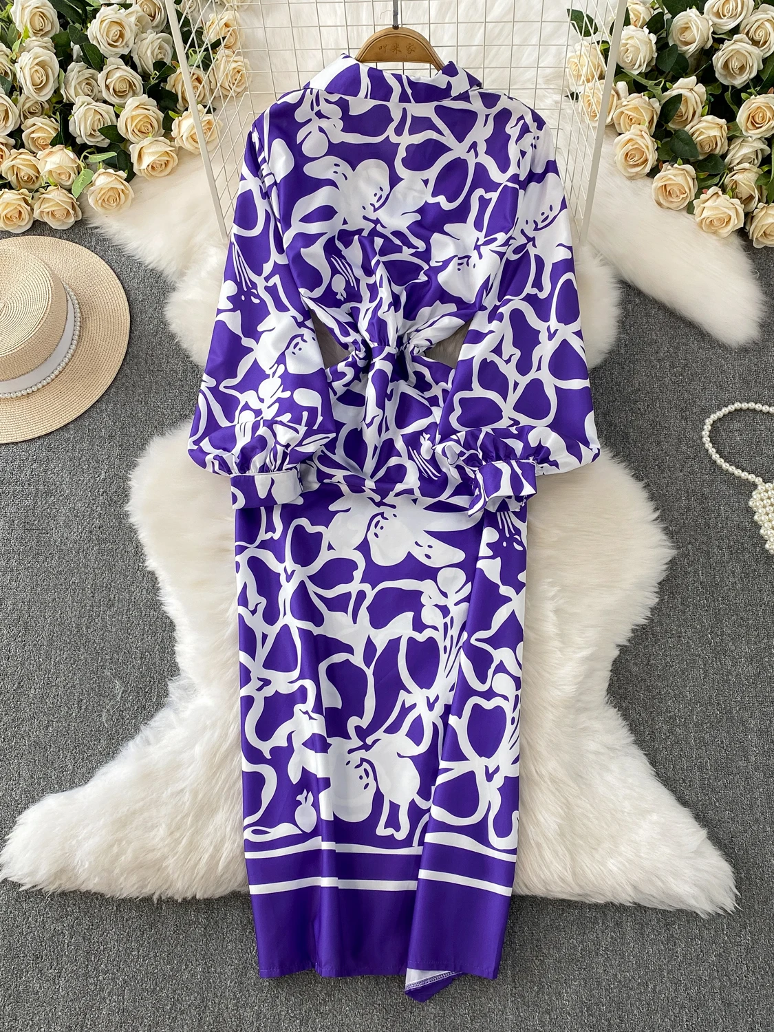 Sukienka damska letnia, wyszczuplająca, z wysokim stanem, w kształcie litery A, midi, z rozcięciem, z kwiatowym wzorem, dekolt w serek, długi rękaw, styl koreański.