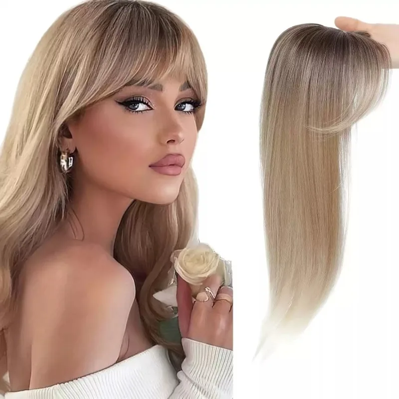3D Hair Topper Women Clip in Hair Extensions with Bangs Natural Wavy Wiglet Breathable Lace Base for Thinning Hair