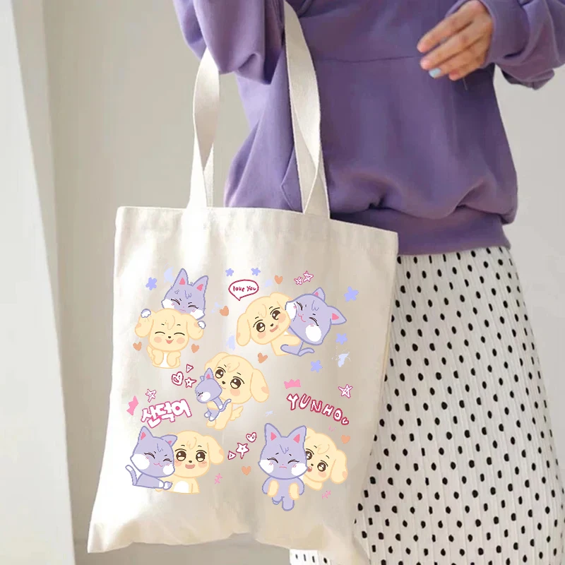 Kpop ATEEZ Damen-Handtasche aus Segeltuch mit Cartoon-Aniteez-Aufdruck, Einkaufstasche für Pendler, weiblich, große Kapazität, Mehrzweck-Umhängetasche