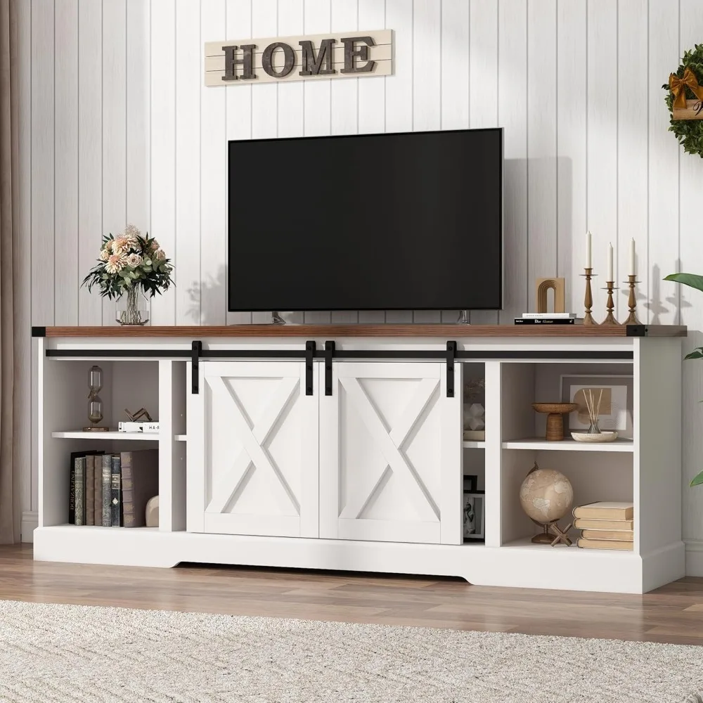 70 Inch TV Stand for 70/75/80 Inch TVs, Entertainment Center Storage Cabinets with Sliding Barn Doors, Farmhouse TV Stand