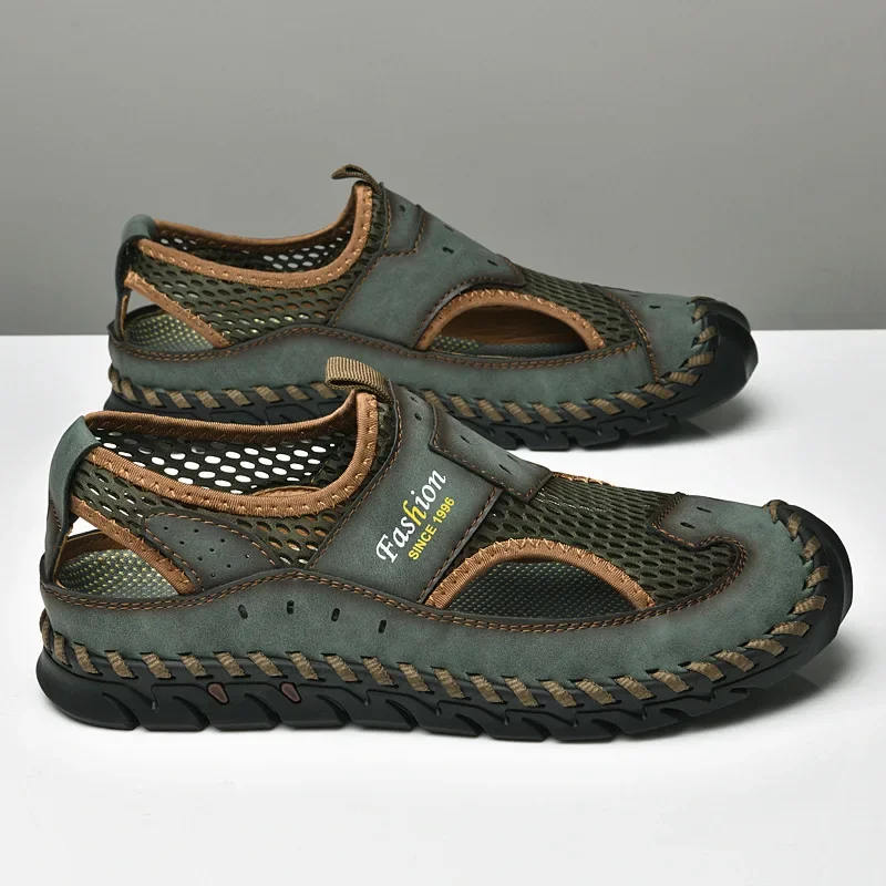 صنادل للرجال موضة اليدوية صندل جلد البقر صنادل شاطئ عدم الانزلاق للرجال في الهواء الطلق صندل رياضي غير رسمي Sandalias Hombre