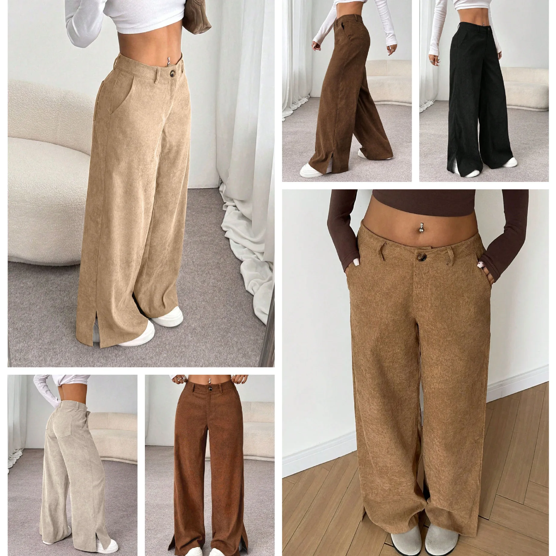 Cross-Border Women's Fashion Retro Corduroy Straight Leg Wide Leg Pants Low Waist Pocket Detail Iron-Free Summer Collection