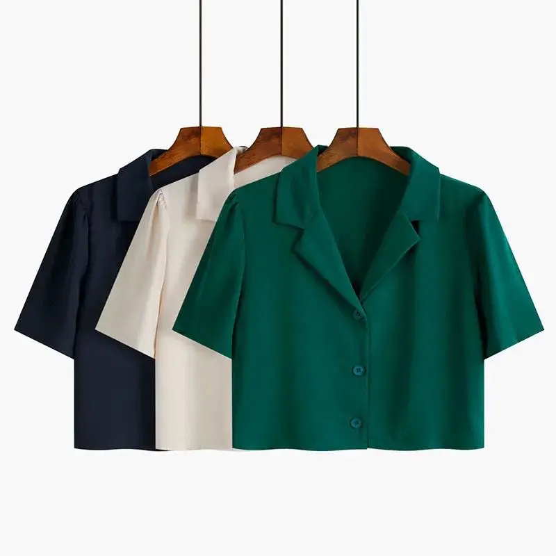 

Женская тонкая футболка с коротким рукавом в стиле ретро, новинка 2023 года, укороченный топ для повседневной носки, модный, однотонный, из полиэстера.