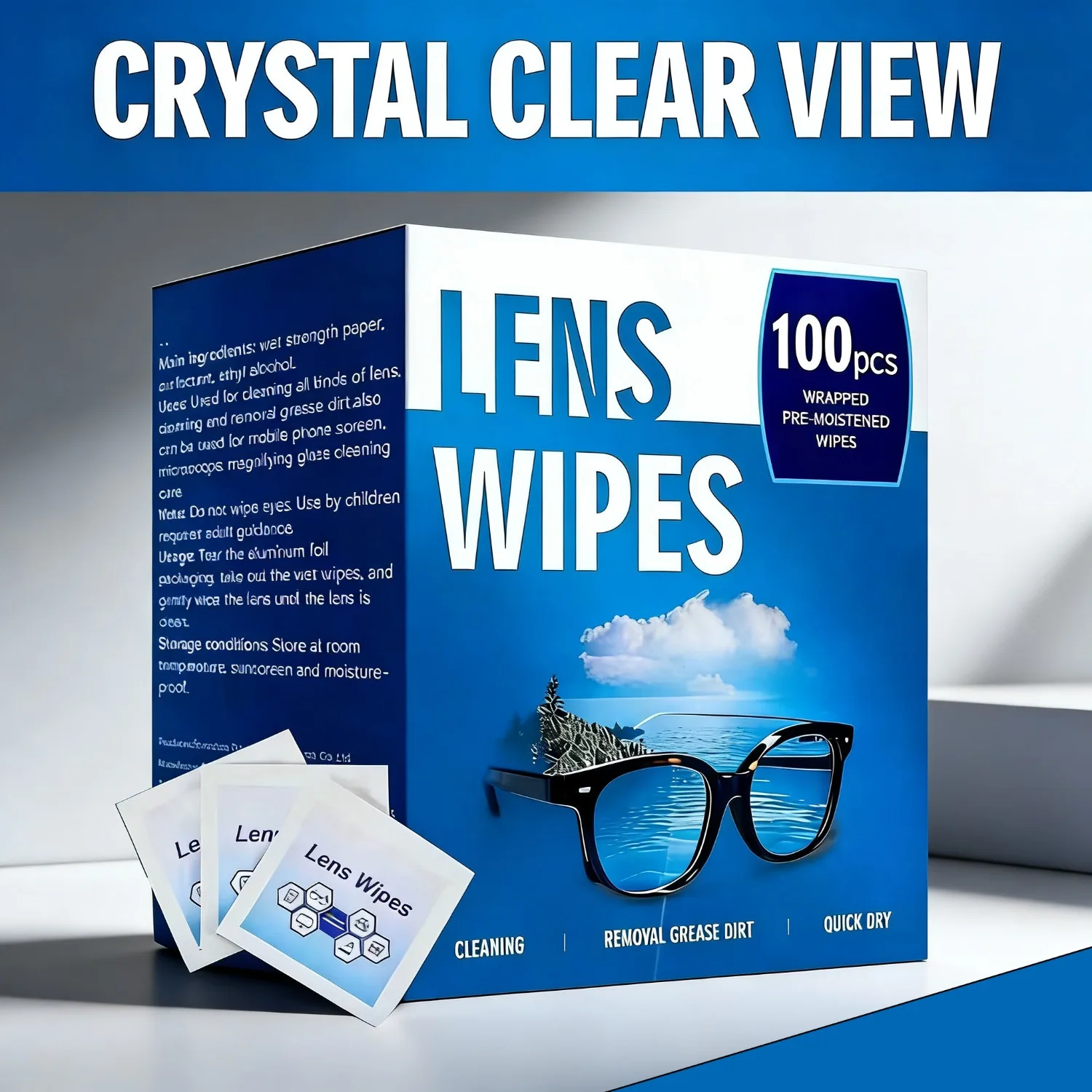 100cs Eyeglass Lens Cleaning Wipes - Individually wrapped, scratch-free and streaky, suitable for eyeglasses and camera lenses.