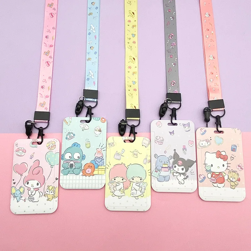 Hello Kitty ID Badge Holder Lanyards My Melody Cartoon Door Card Holders Neck Strap Girls Boys Sanrio Keychain Credential Gift