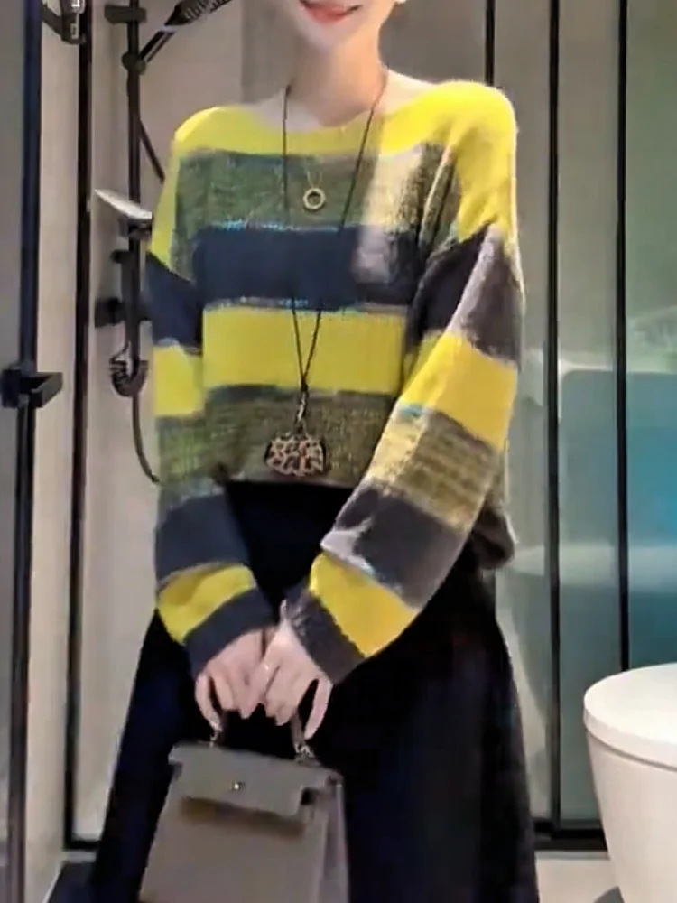 

Korean Sle Soft Striped Color Blo Knitwear Women's plus Size Slimming Top Warm Long Sve round Ne Sweater for Autumn