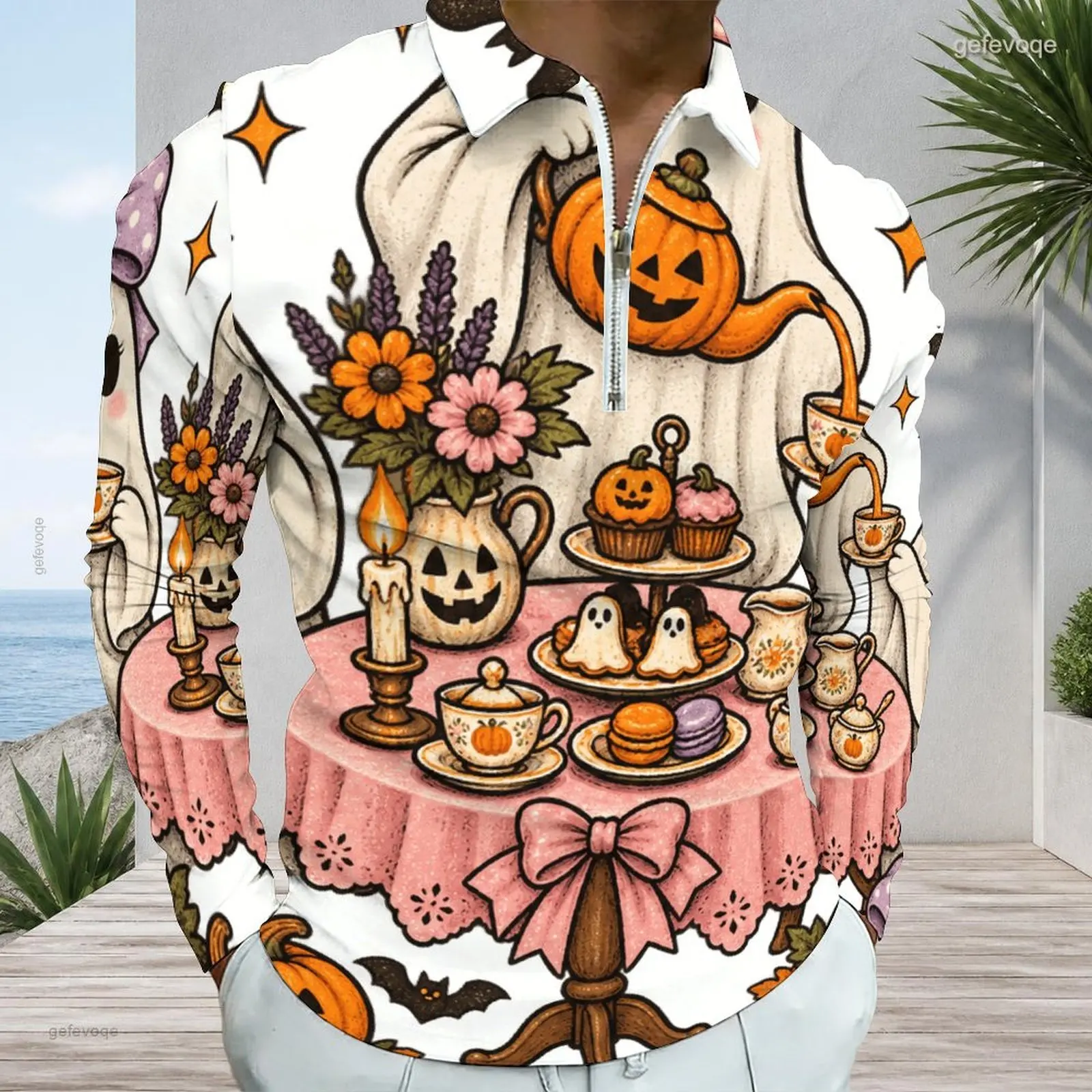 Men Quarter Zip Long Sleeve Polo Shirt, Printed Smiling Golden Retriever in Jack O' Lantern