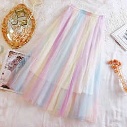 Korean gentle sense fairy elastic net gauze skirt big skirt rainbow color long skirt half-length skirt women's clothing