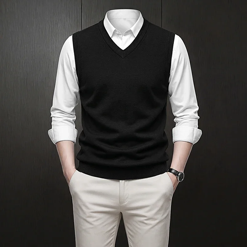 Mens Sleeveless Knitted Waistcoat V Neck Plain Knit Sweater Vest Smooth Knit Top Formal Daily Office Matching Outfit