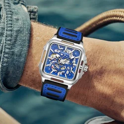 Forsining Original Square Skeleton Mechanical Men Watches Automatic Movement Field Sport Blue Rubber Luxury Replica Male Watch