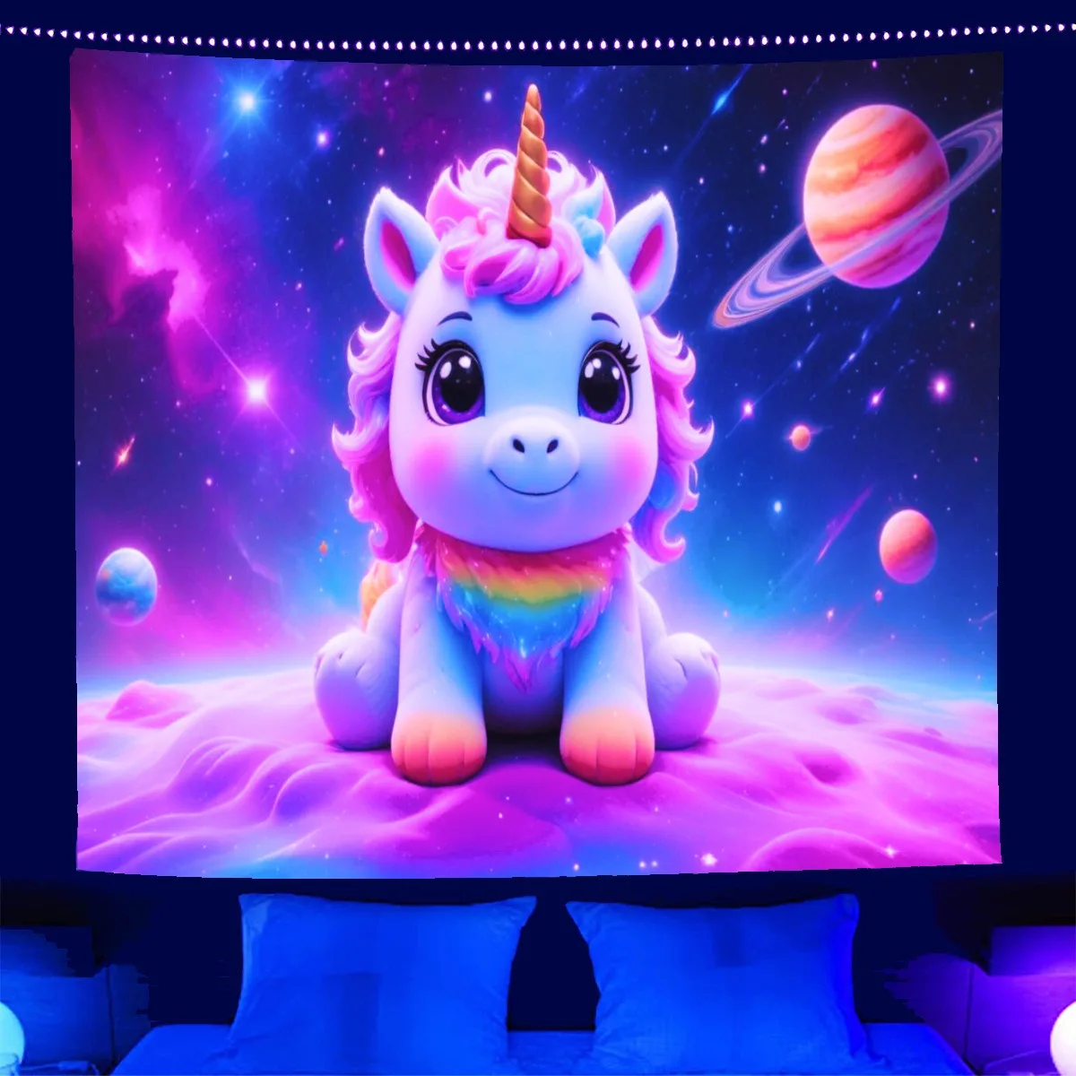 

Blacklight Unicorn Tapestry Cute Galaxy Space 2D Flat Printed Peach Skin UV Reactive Wall Hanging Kids Girl Bedroom Room Decor