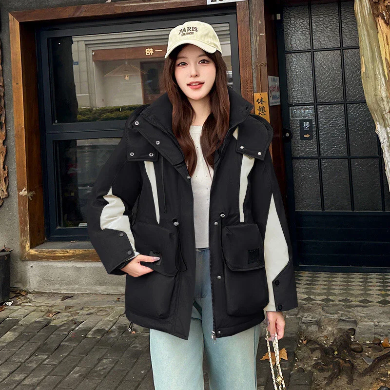 ColorBlock Hooded Puffer Jacket Women Drawstring Waist Big Cargo Pocket ZipUp Thick Warm Loose Winter Streetwear Outerwear