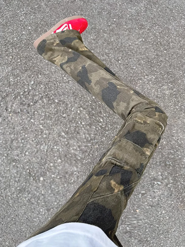 

American Retro Camouflage Work Pants Men's Cleanfit Deconstructed Logging Jeans Slim Straight Micro Flared Trousers