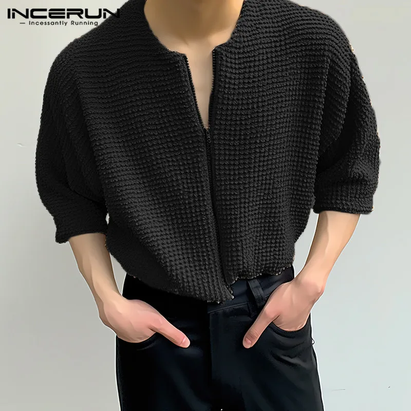 2024 Men T Shirt Solid Color O-neck Zipper Half Sleeve Streetwear Men Clothing Korean Style Loose Casual Tee Tops S-5XL INCERUN