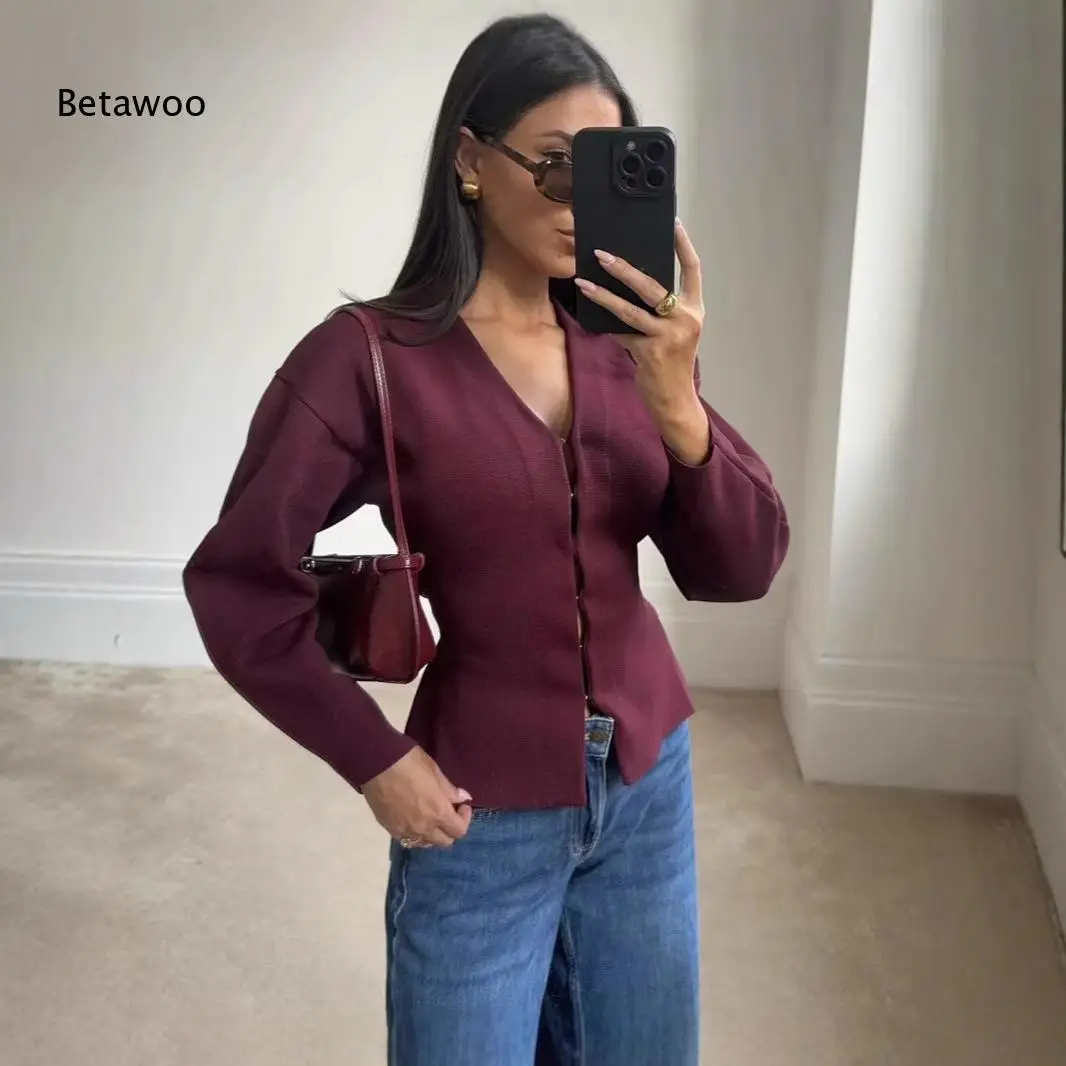 Solid Color Knit Top with V Neck, Puff Sleeves and Front Buttons