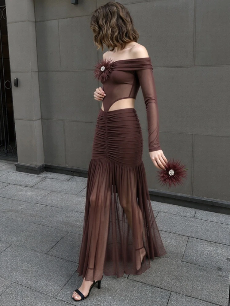 

Tossy Sexy Off-Shoulder Hollow Out Long Dress For Women Slim Inclined Shoulder See-Through Pleats High-Waist Female Maxi Dress