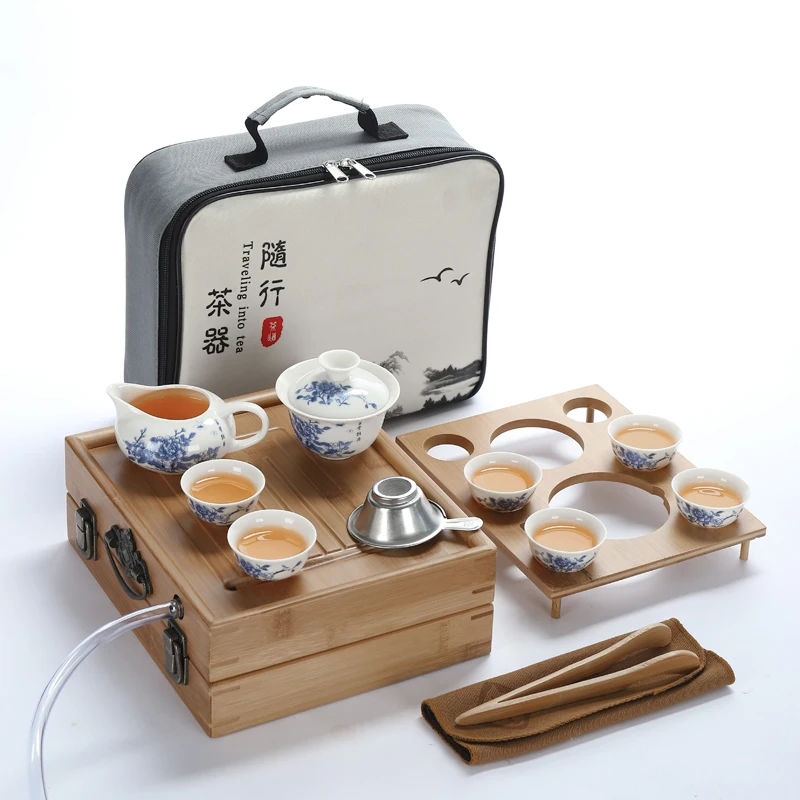 Mini Portable Travel Tea Set Folding Table for Car Drainage Bamboo Tea-Tray Outdoor Travel Porcelain Kung Fu Tea Set Set