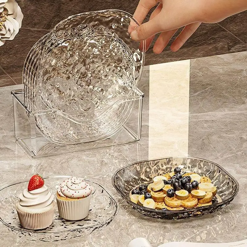 .New.8PC Clear Glass Plates with Holder,Light Luxury Glacier Pattern Snack Dishes,Small Appetizer Plates for Bones,Fruit,Dessert
