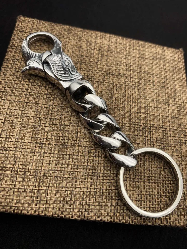 Punk style accessories 925 sterling silver vintage bird head keychain High Gear Car full silver metal key case for men