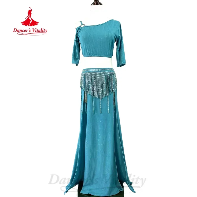 

BellyDance Practice Set Customized Sexy Sloping Shoulder Top+AB Stones Tassel Long Skirt 2pcs Oriental Dance Training Clothes