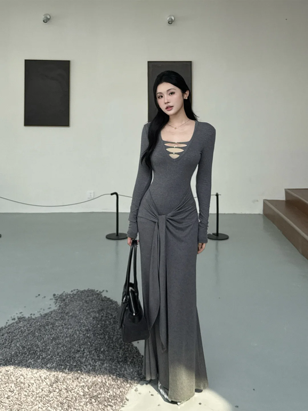 فستان نسائي غير رسمي رمادي مضلع منسوج فستان أنيق على شكل حرف v مقصوص غير منتظم على شكل حرف a صورة ظلية للحفلات المسائية فستان فيستدوس