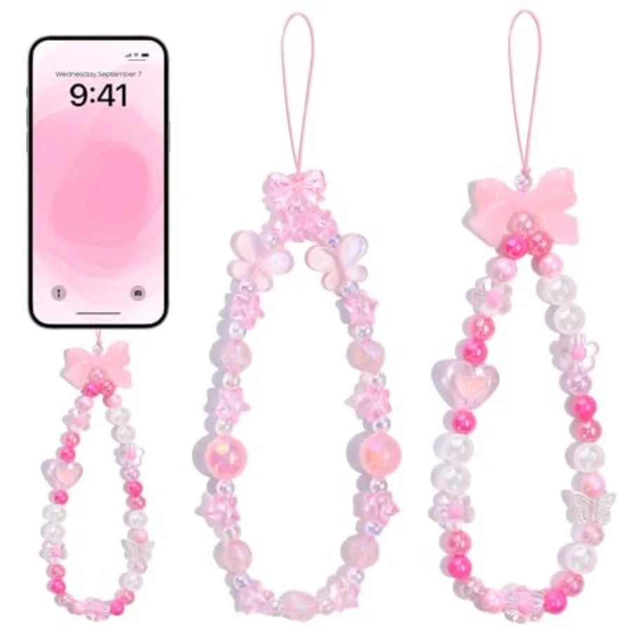 

2 PCS Cute Phone Charms Aesthetic Y2K Cellphone Wrist Strap Bedazzling Bow Butterfly Heart Star Flower Accessories Pink Beaded